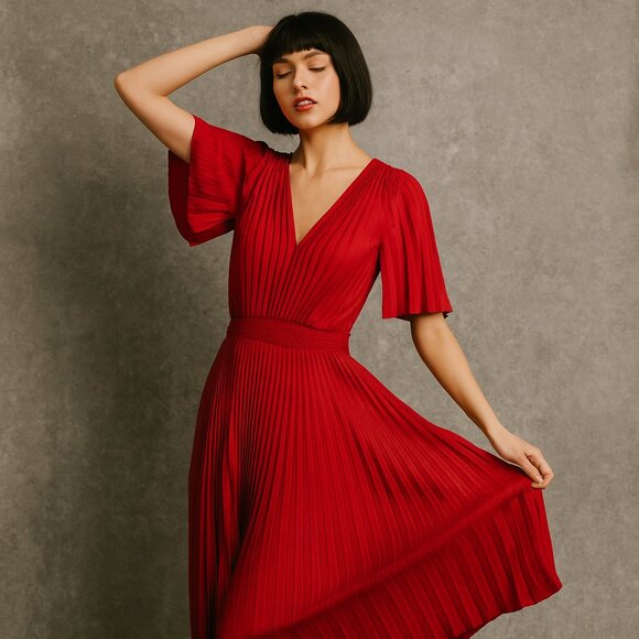 Express Dresses & Skirts - Express Women’s Medium Red Pleated Empire Waist Cocktail Party Dress Retro Rare